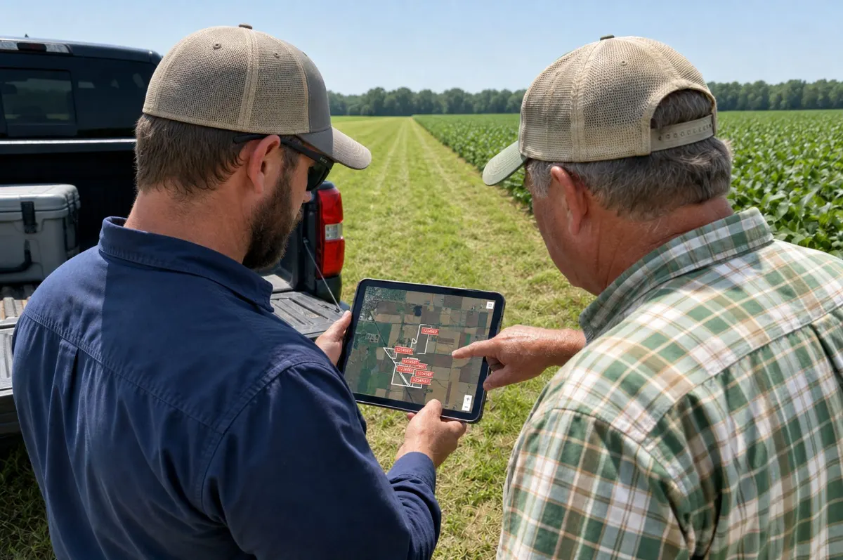 Operator reviewing an application record with a grower on an iPad