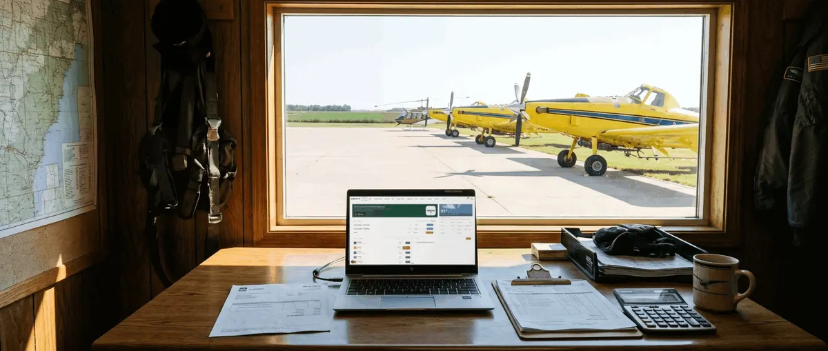 AgBase dashboard on a laptop in an aerial application office