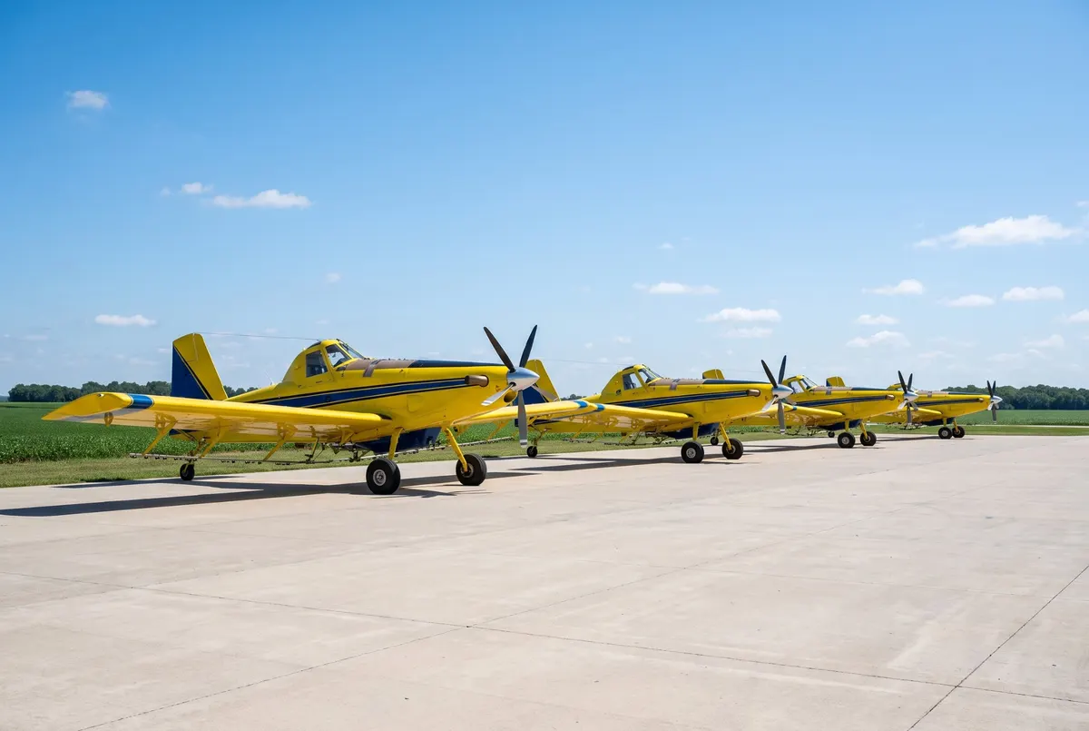 Fleet of yellow and blue Air Tractors on a ramp